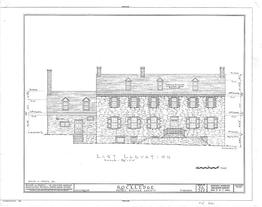 1960 Historic American Buildings Survey Drawing of East Elevation of Rockledge
