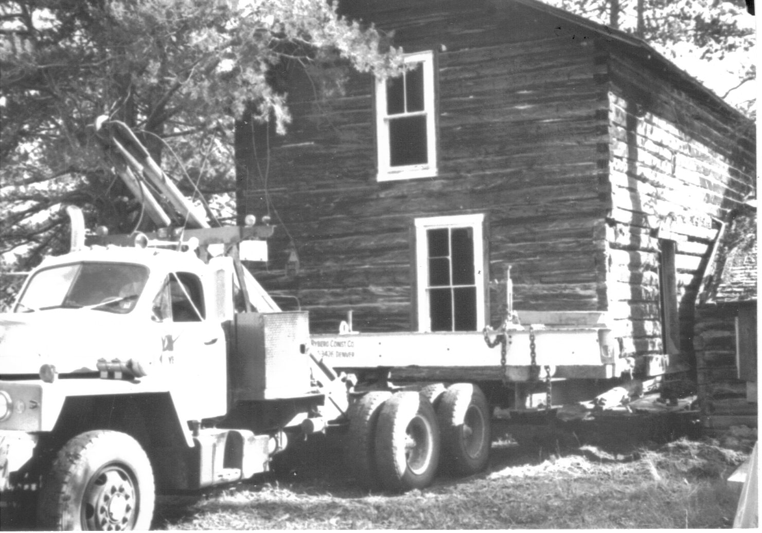 A photo of the relocation of Bill’s Ranch house from its location to the Frisco Historic Park in the mid 1980’s.