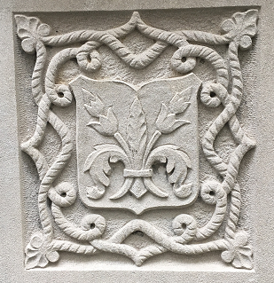 Seal of the printing house of Jacques Moderne of Lyons, France, with the Fleur de lis representing the complete work of this house