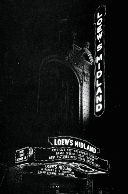 The Midland's illuminated sign on the night of its grand opening, October 28, 1927. Image obtained from Comfortably Cool, Cinema Treasures.