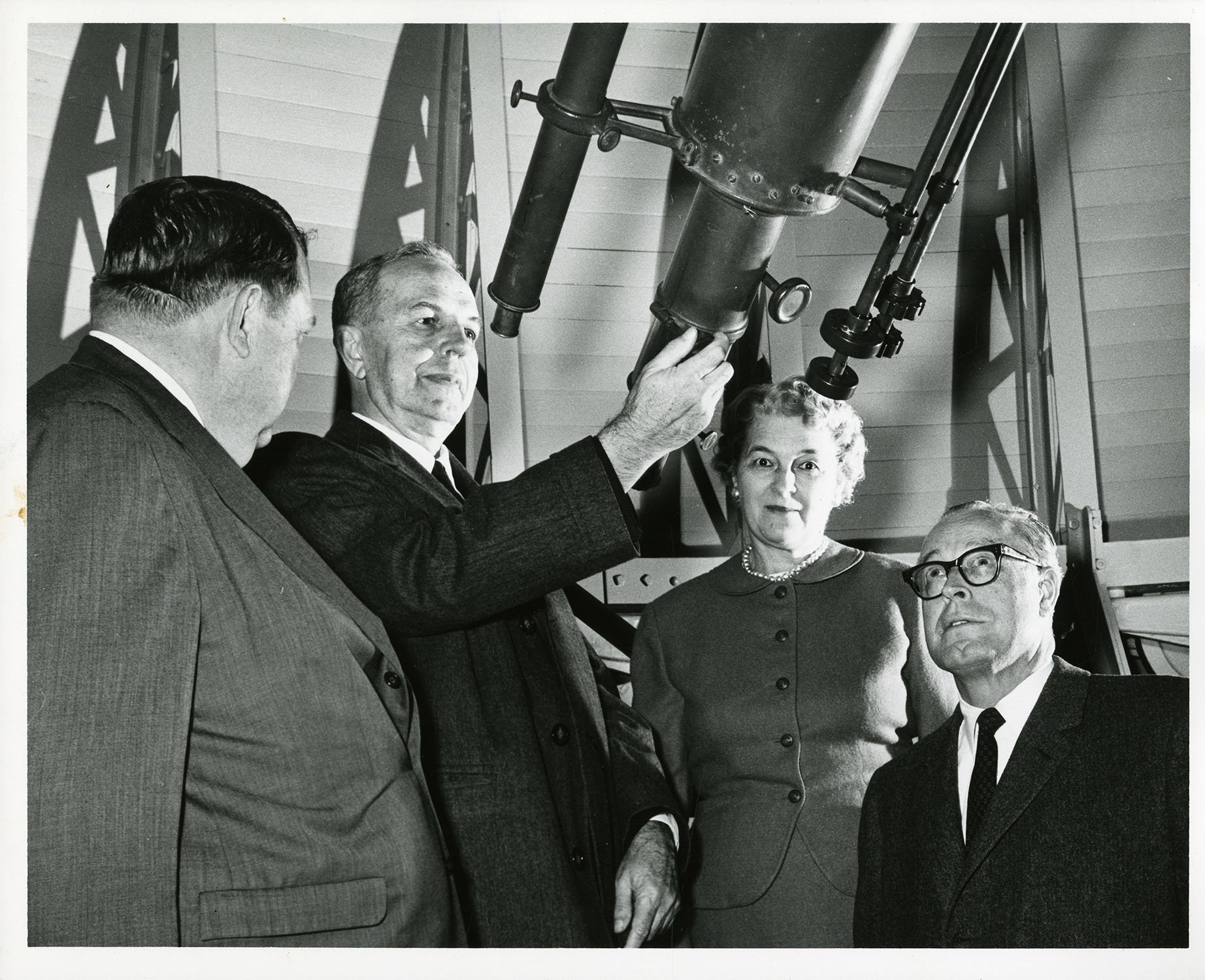 President Robert R. Martin, Smith Park, and others inside the observatory, ca. 1960s. EKU Photograph Collection 
