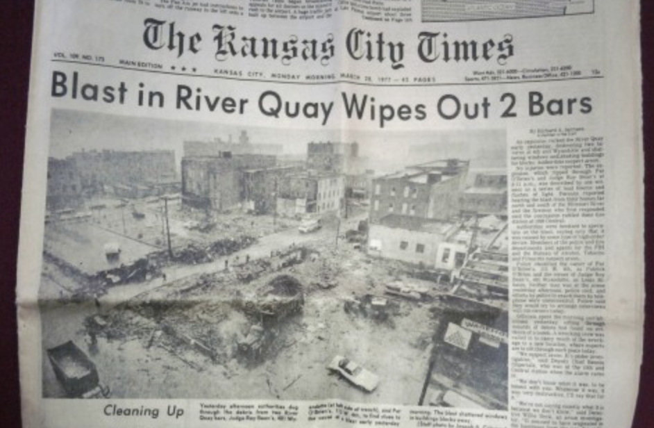 This photo depicts the destruction of the explosion. You can see above the two bars are completely destroyed and leveled—Pat O’Brien’s and Judge Roy Bean’s—in a building the Fred Harvey Bonadonna owned. This is an old clipping from The Kansas City Times.