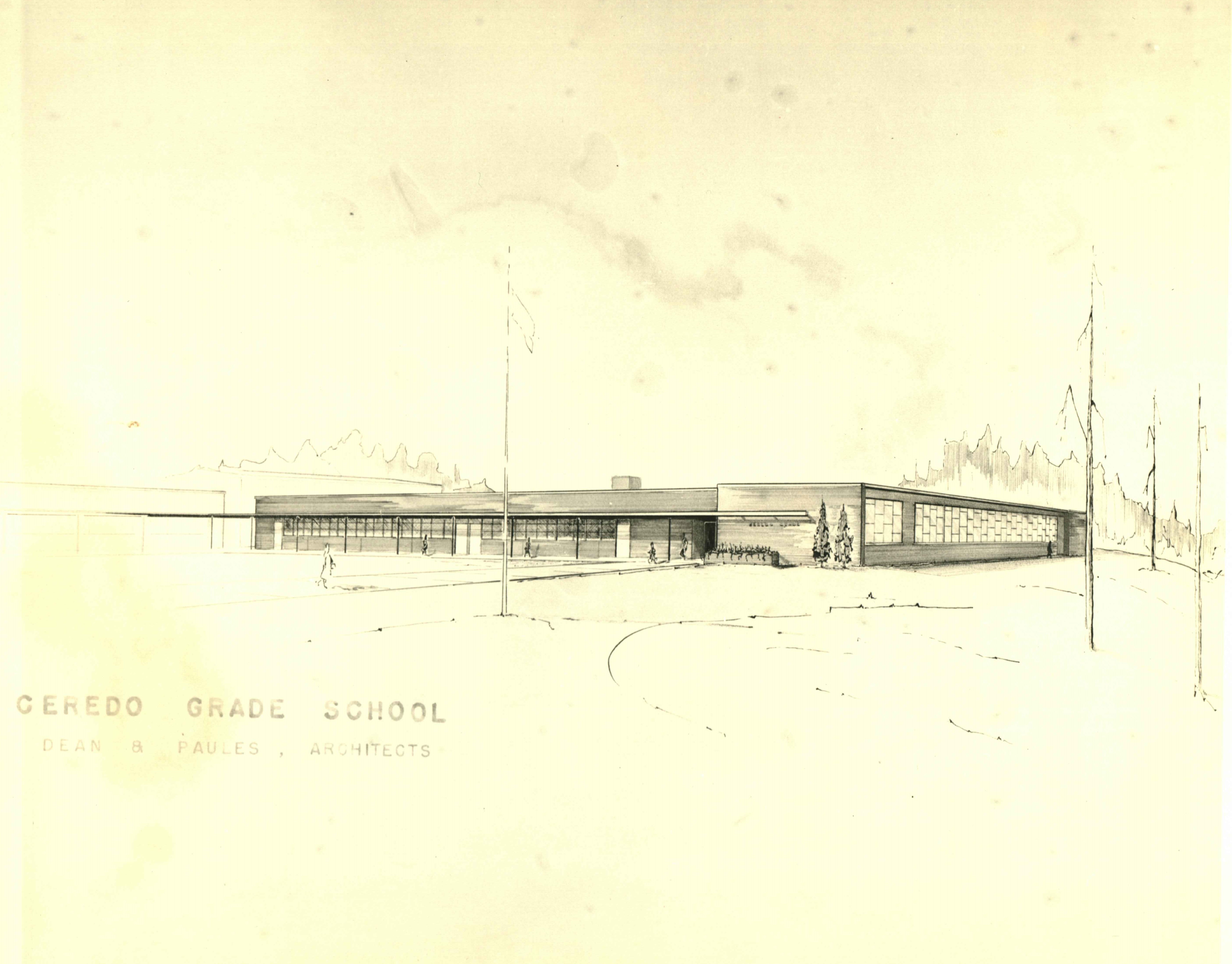 Concept art for the new Ceredo Elementary School building following the 1957 fire. Image courtesy of the Ceredo Historical Society Museum.