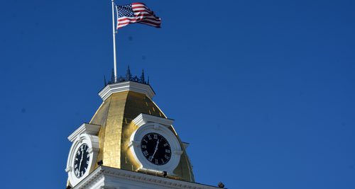 A close-up of the courthouse's clock tower.  