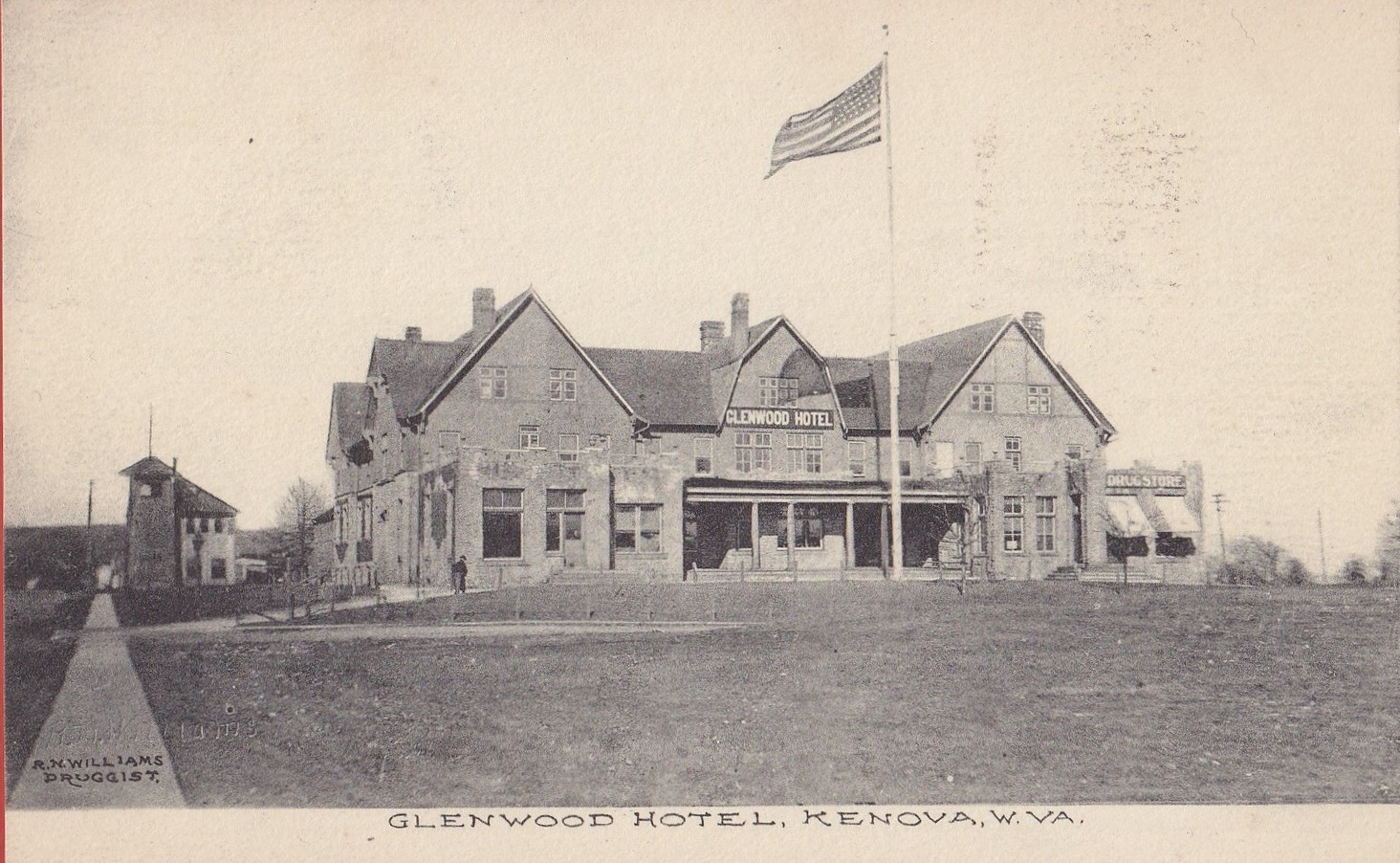 Postcard of the Glenwood Hotel. The R. Ney Williams Drugstore can be seen on the right. Image courtesy of the Kenova Historical Commission.