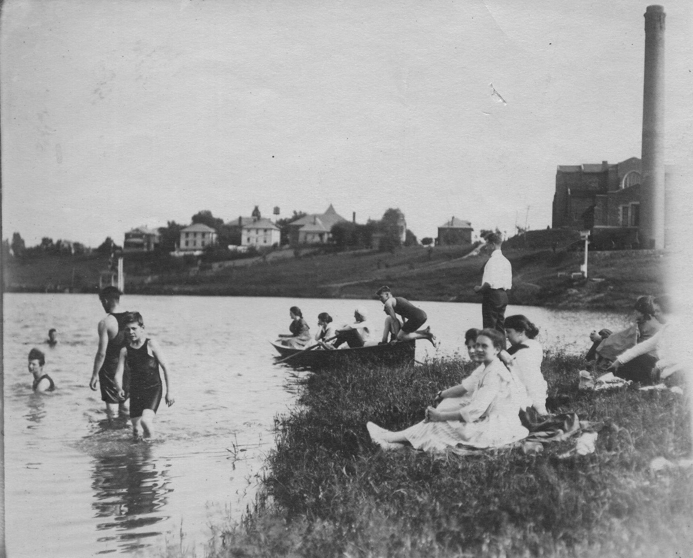 Students enjoying their time on the lake with swimming and boating. View from the western side of the Lake.  