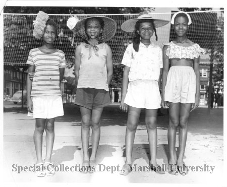 Winners of Hat Show contest at Barnett School playground, ca.1951