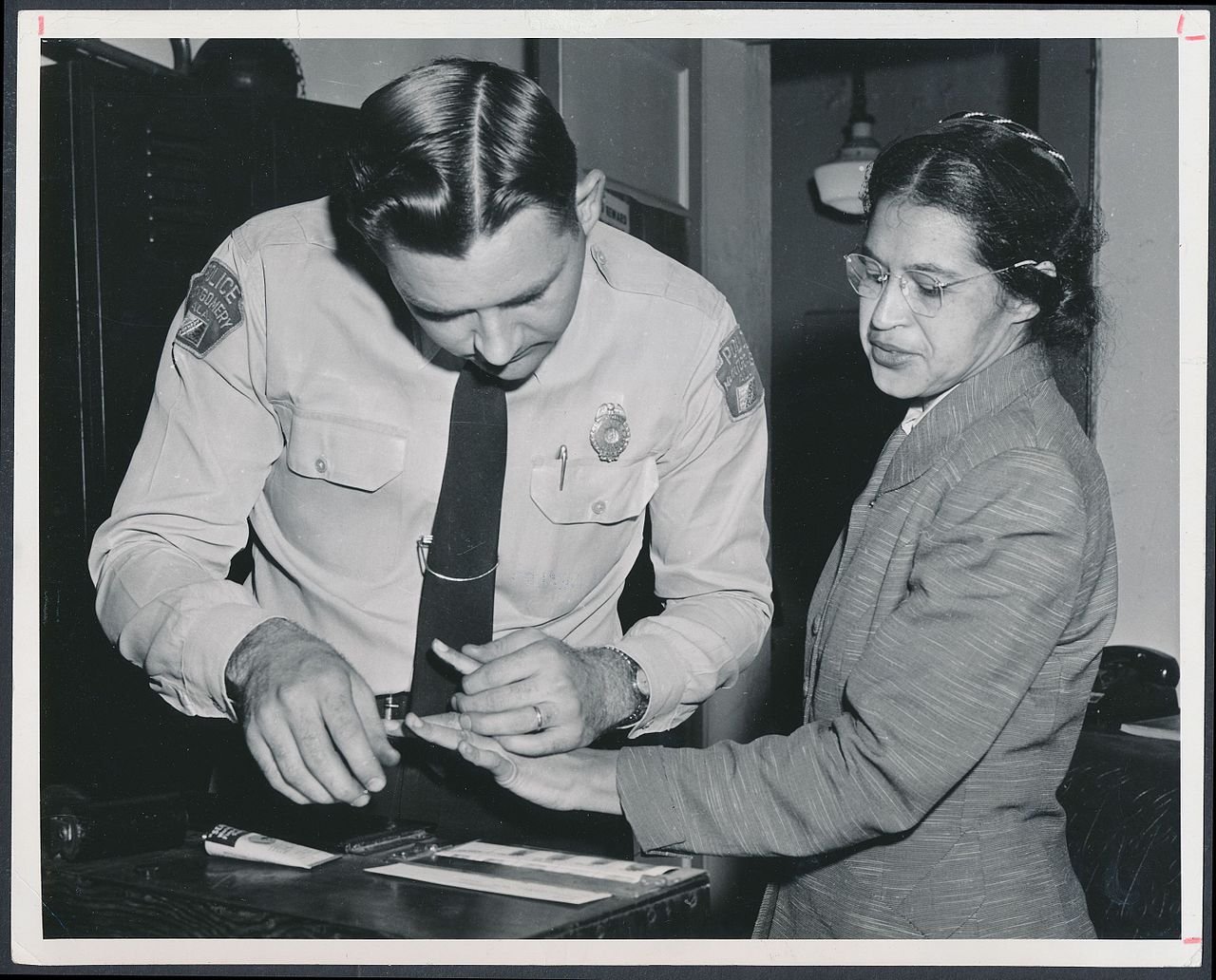 This photo was taken after Rosa Parks was arrested and taken to jail, where she was fingerprinted.