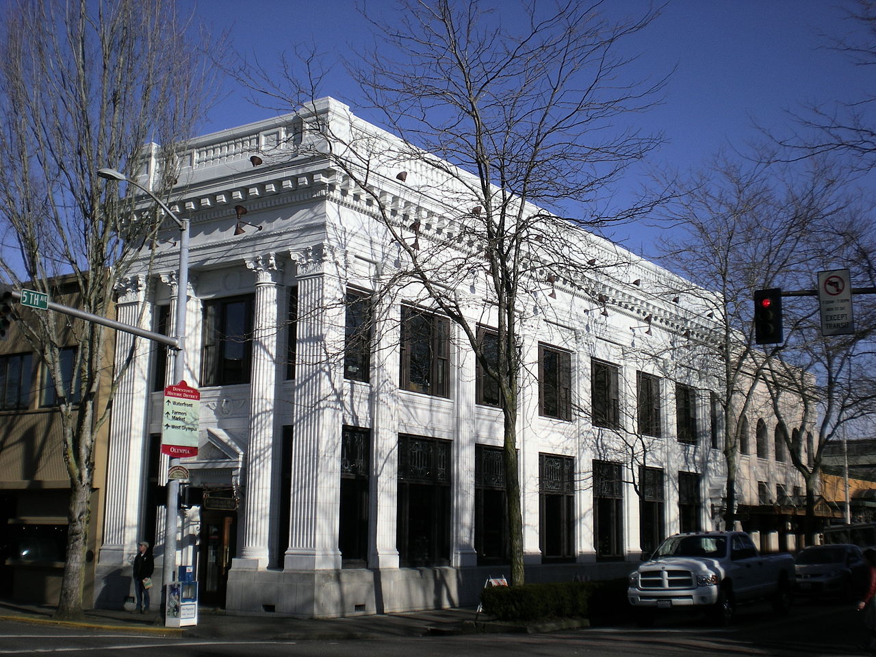 The former Olympia National Bank was constructed in 1915 and is an excellent example of Neoclassical architecture.