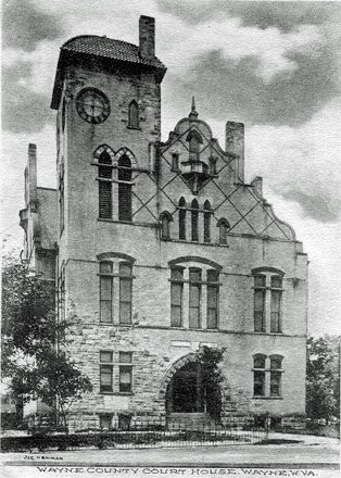 The 1897 courthouse was destroyed in a fire in 1921, with some speculating arson to be the cause. Image obtained from waynecountywv.org.