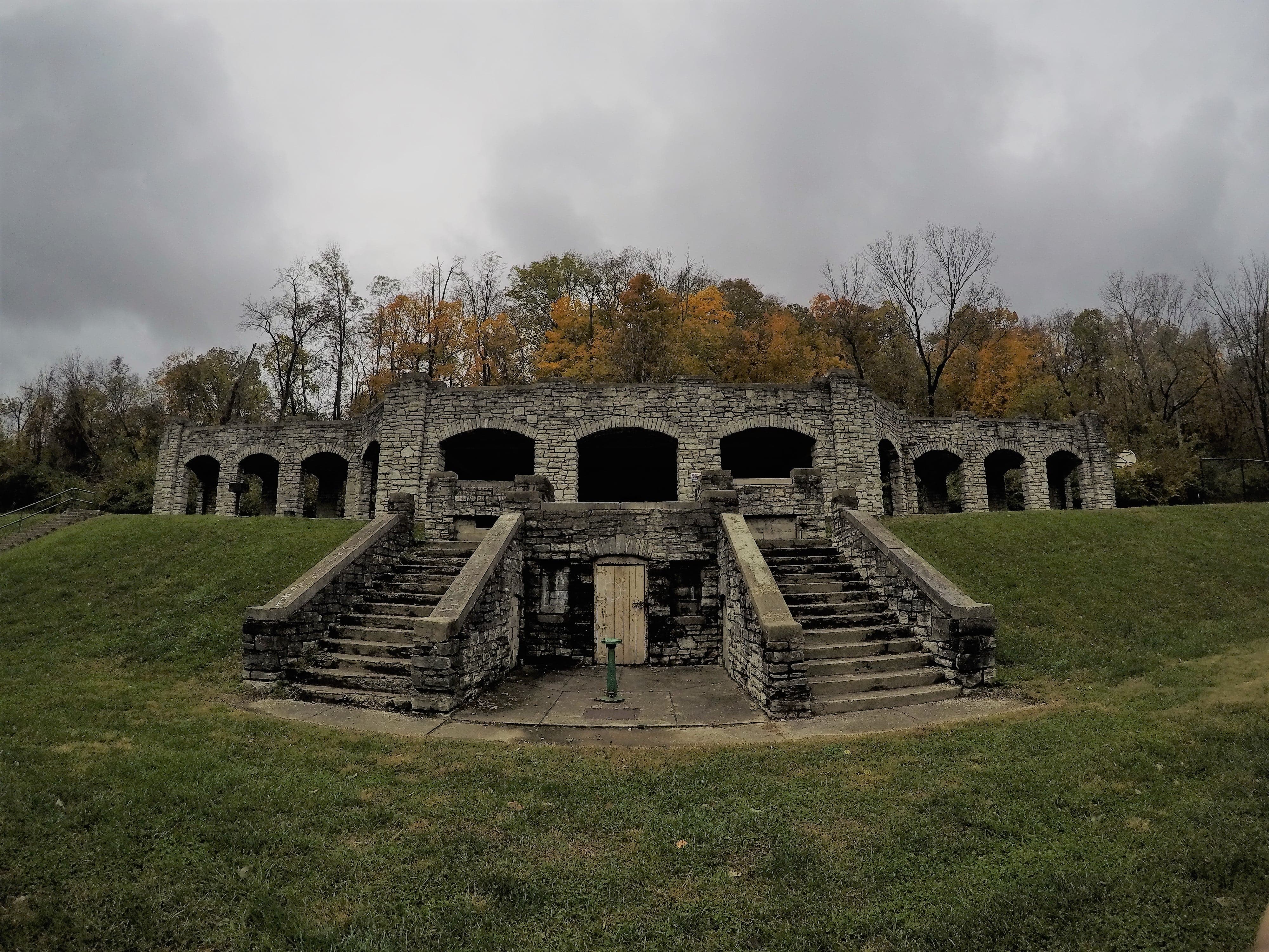 This limestone structure built in 1918 once held changing rooms for the two pools which flanked the structure.