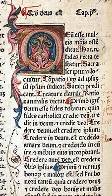 Manuscript page from the Compendium Theologicae Veritatus (1474) by Albertus Magnus, one of the holdings of the Rare Books Collection. Source: Rare Books & Special Collections, Abbot Vincent Taylor Library, Belmont Abbey College.