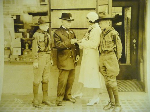 Although the first observance occurred in West Virginia, the holiday came into existence largely by the efforts of Spokane's Sonora Dodd, pictured here with Boy Scouts and a Civil War veteran.