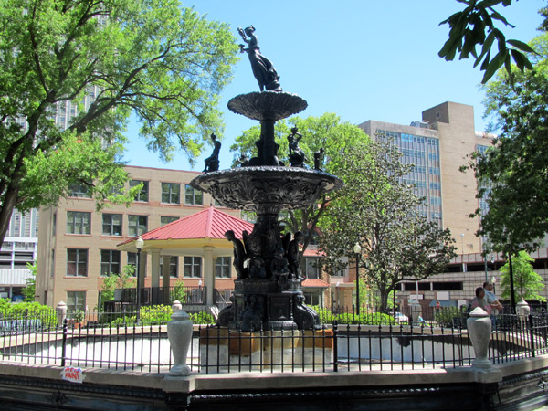Installed in 1876, the Hebe Fountain is at the center of Court Square.