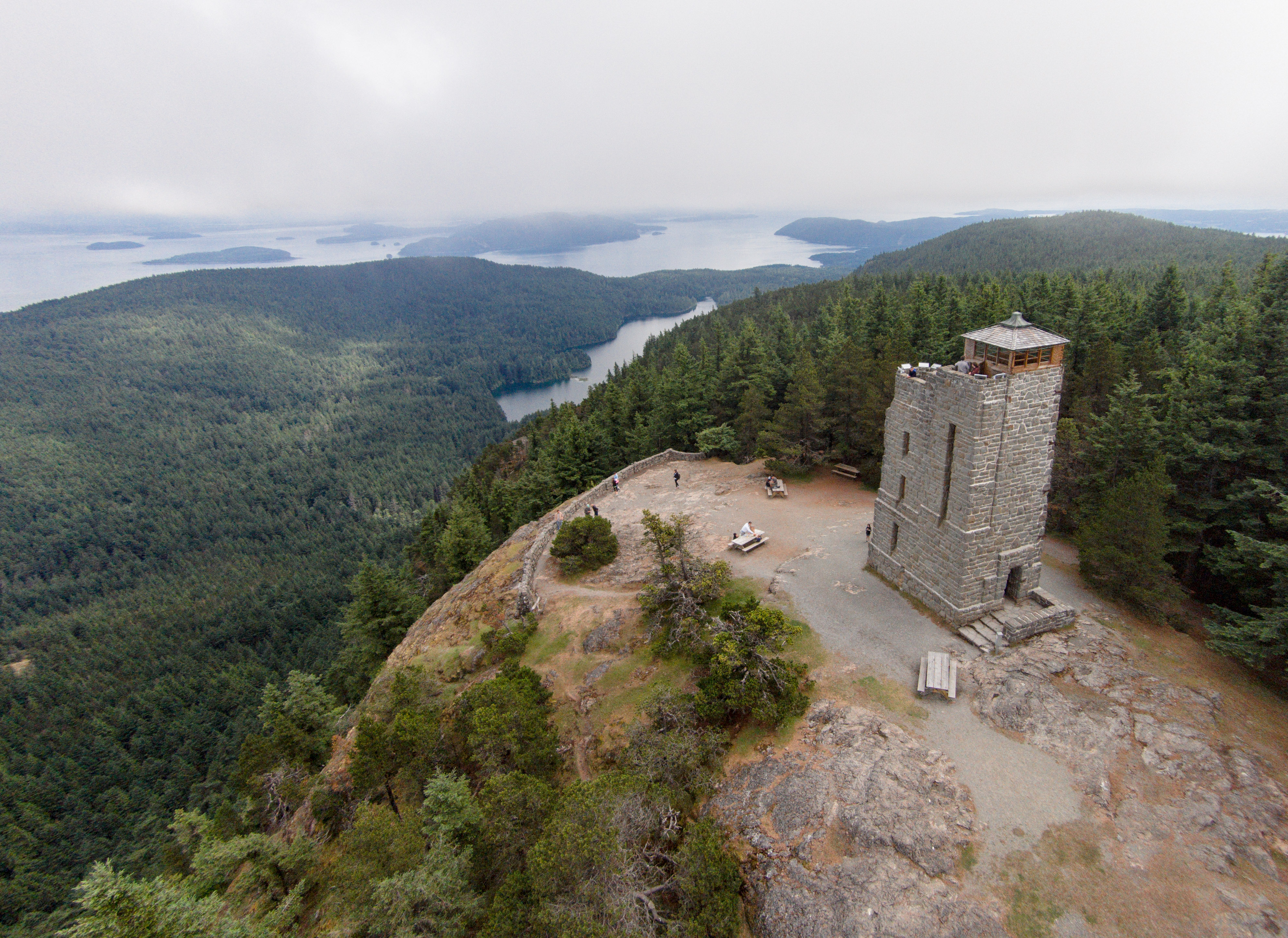The summit of Mount Constitution offers sweeping views of the surrounding landscape. Visitors are allowed to climb inside the tower.