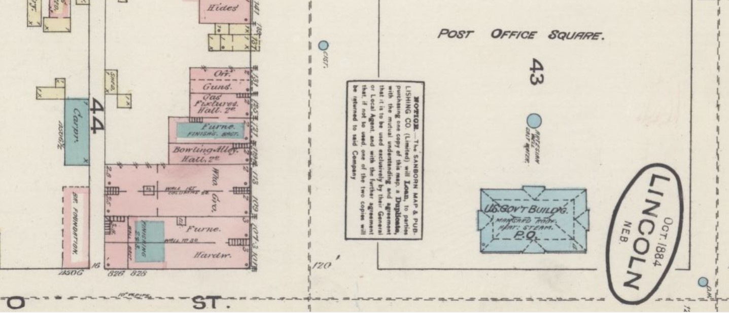 Old City Hall ("P.O." in blue = stone) on 1884 Sanborn Fire Insurance Map of Lincoln (Sanborn Map Co., p. 7)