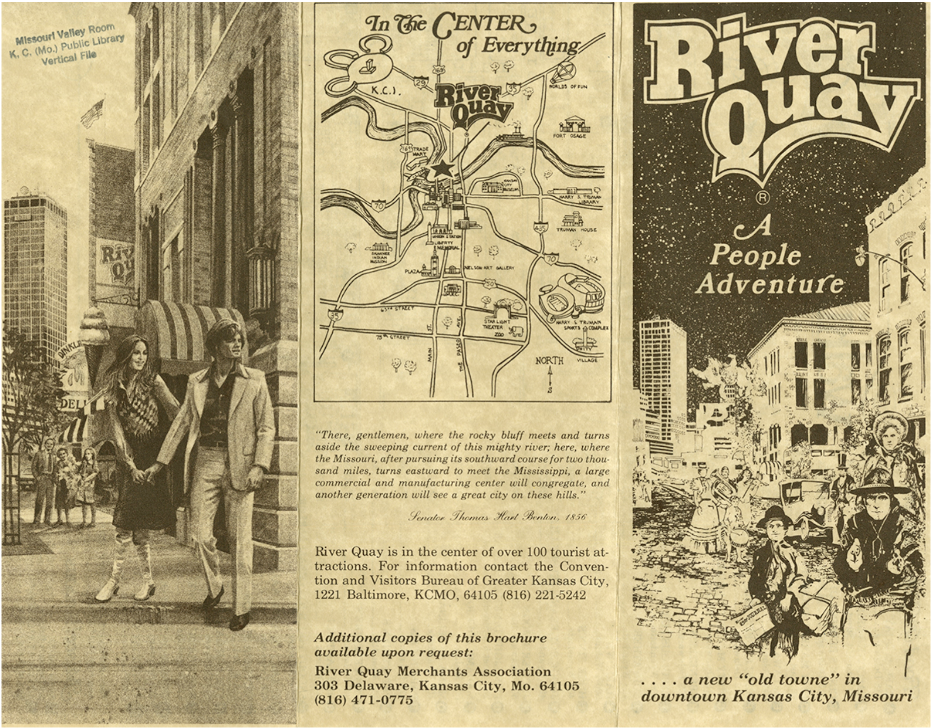 This is an old pamphlet used to promote the River Quay. The area was marketed as a popular tourist destination and was meant to help bring in people from out of KC. The pamphlet claims that there are over “100 tourist attractions”.