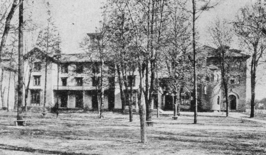 Irving Female College in the early twentieth century. Irving Hall is on the left and Columbian Hall is on the right.