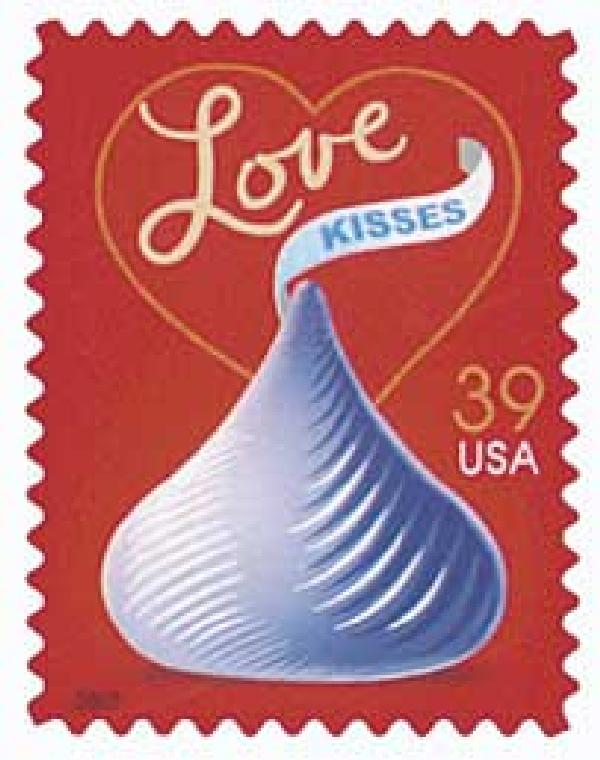 A Hershey's Kiss appears on this 2007 stamp to commemorate the 100th year since its creation in 1907. Ever since, the delicious candy has been a message of love between significant others.