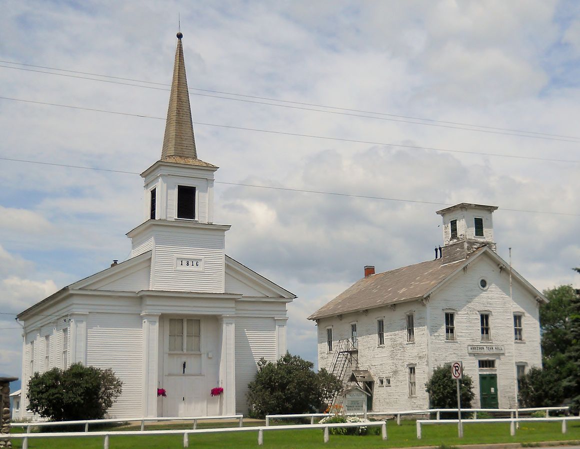 The church stands next to Addison Town Hall.