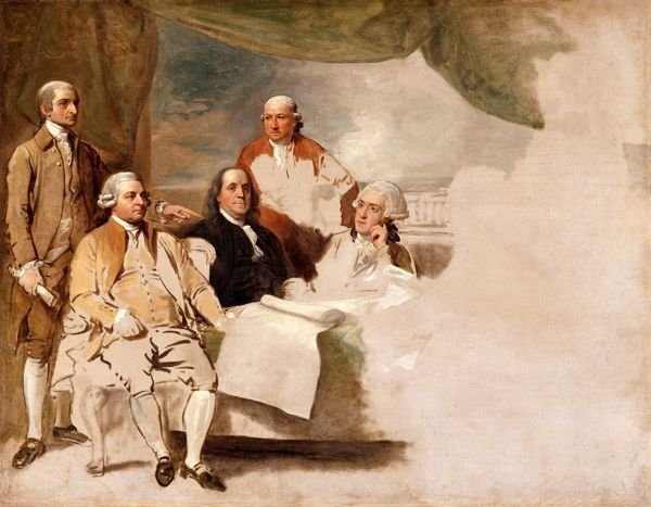 West's unfinished American Commissioners of the Preliminary Peace Negotiations with Great Britain which features John Jay, John Adams, Benjamin Franklin, Henry Laurens and William Temple Franklin. The British delegation refused to sit.