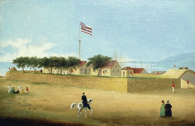 1853 Painting by Paul Emmert -- Fort Street was named for the fort that existed from 1816 until 1857 at Honolulu Harbor; it was about 300 by 340 feet and enclosed nearly 2 acres.