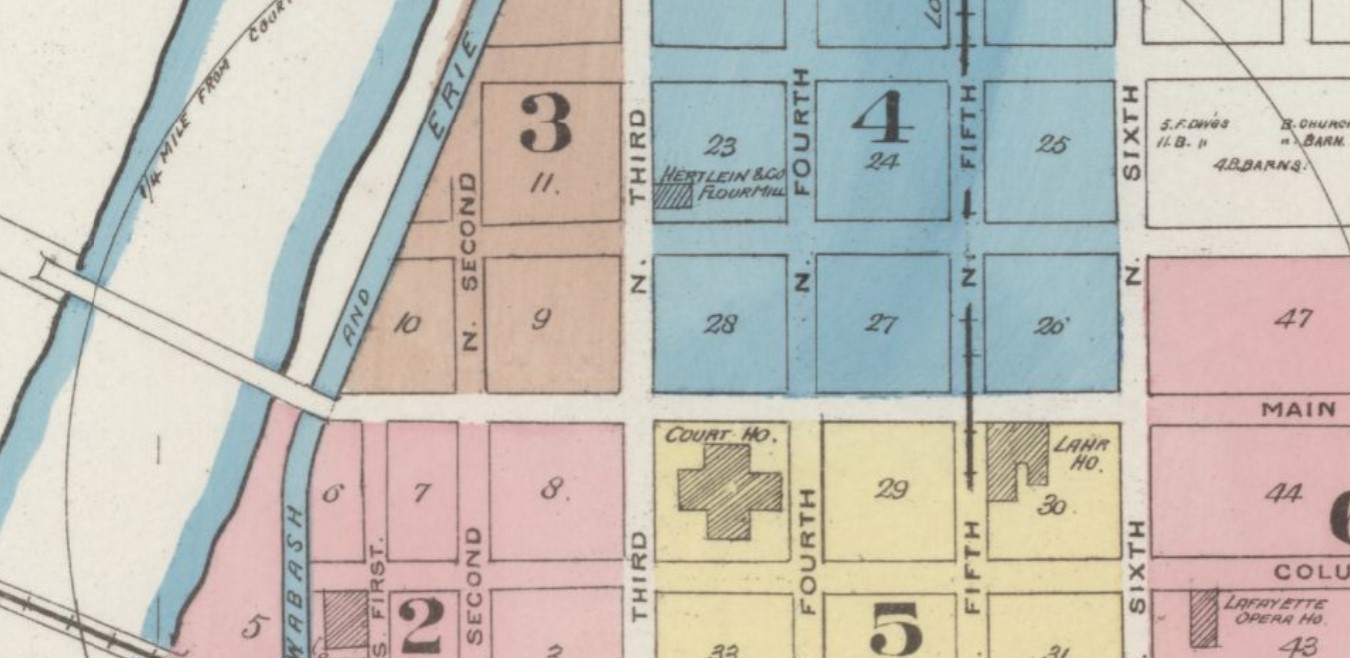 Downtown Lafayette in 1885, 400 block Main St. N side in Square 27; streetcar line on 5th St. (Sanborn Map Company p. 1)