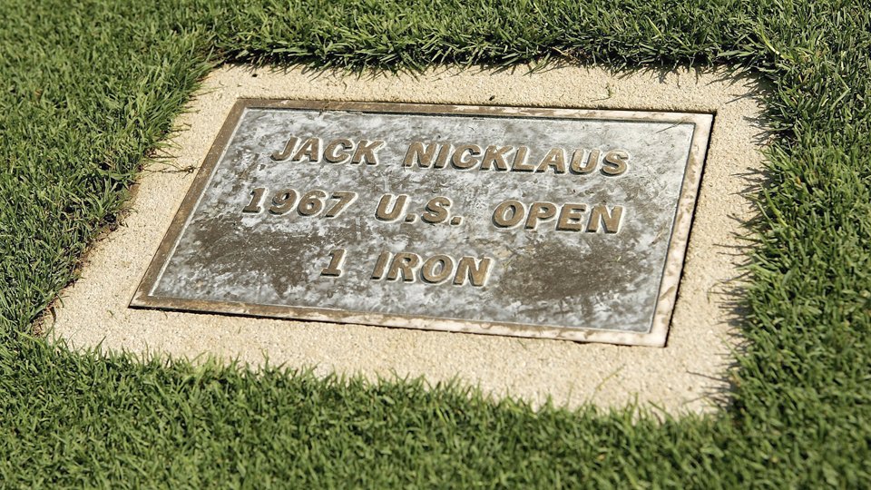 This plaque commemorates Jack Nicklaus' miraculous one-iron shot that helped secure his win in the 1967 U.S. Open. 