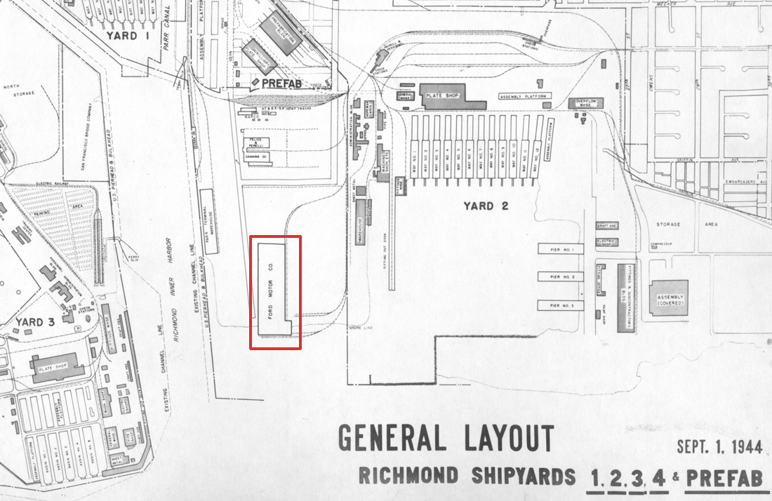 Overhead map showing the placement of Ford Assembly relative to the surrounding shipyards and terminals (Kaiser Archives).