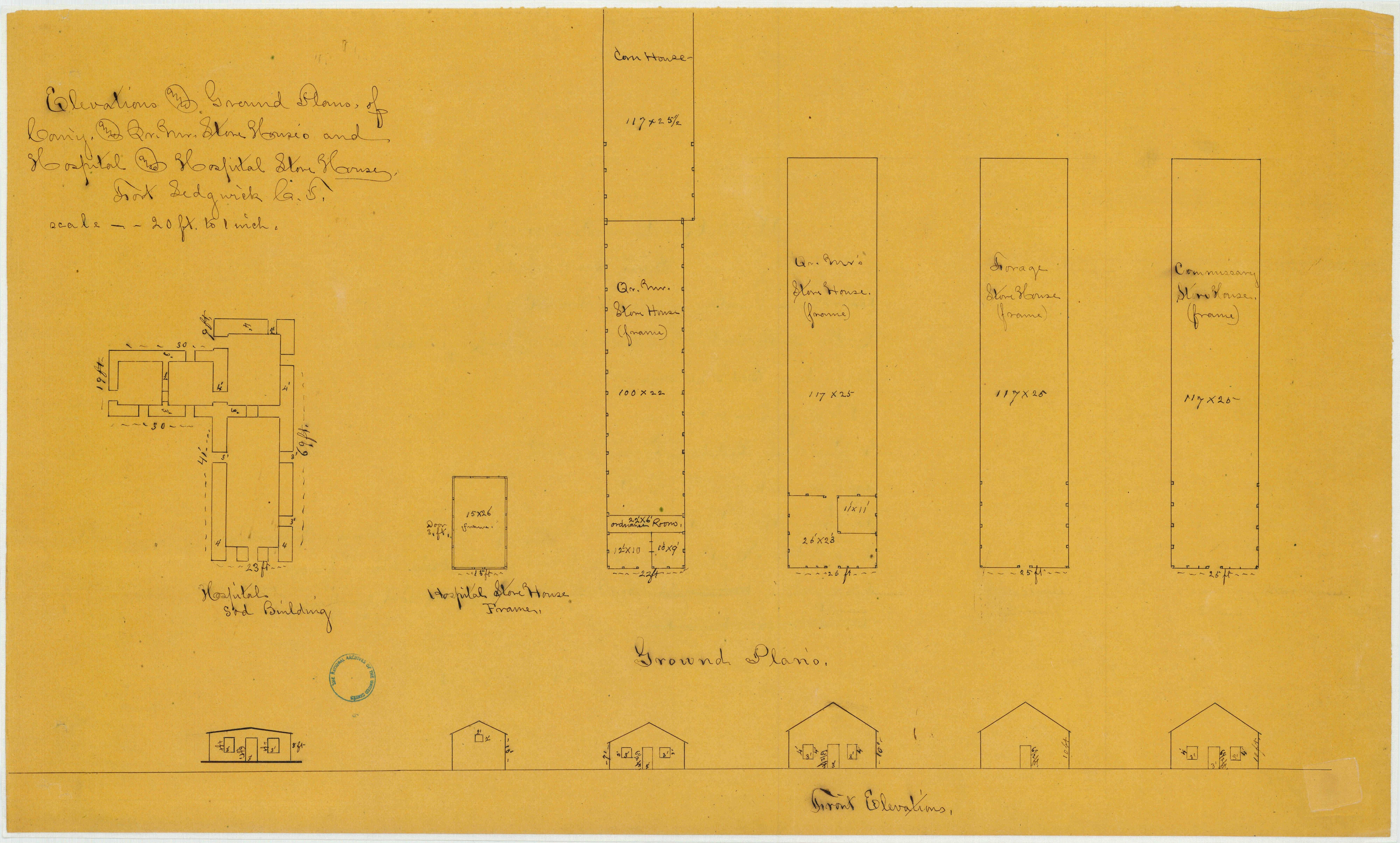 1866 military drawing of floor plan and elevations of buildings on Fort Sedgwick. (Courtesy of the Map Division, Archives II, NARA)