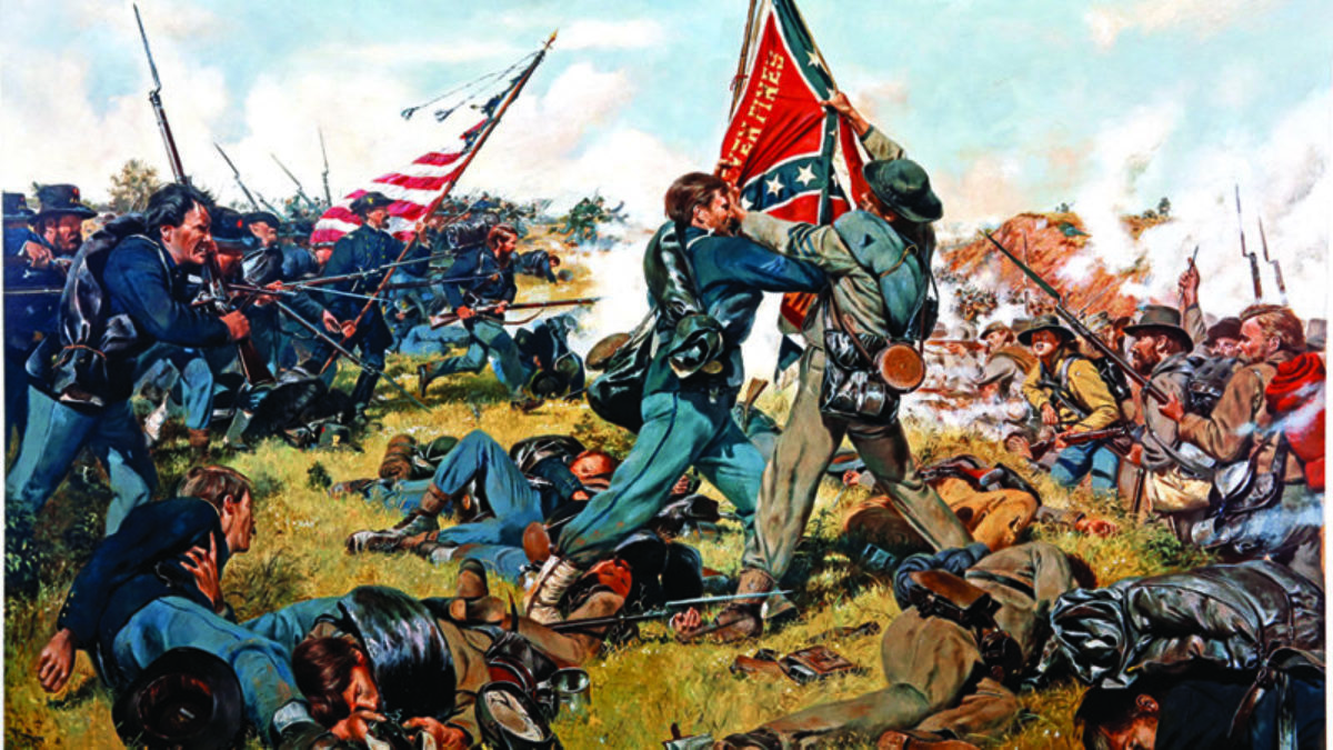 Corporal Francis A. Wallar of the Iron Brigade's 6th Wisconsin struggles with the 2nd Mississippi's color-bearer in the Unfinished Railroad Cut for possession of the Confederate regiment's flag on July 1, 1863.