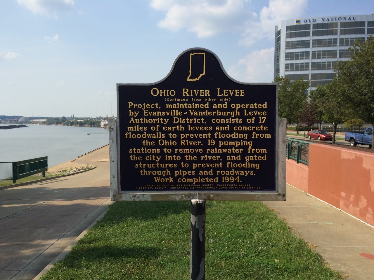 The marker is located on the Riverside Plaza.