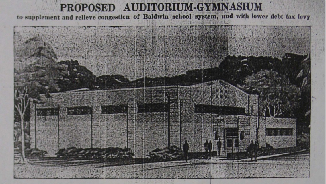Artist's rendering of proposed auditorium-gymnasium in local newspaper ca. 1941 (Hernly 2014)