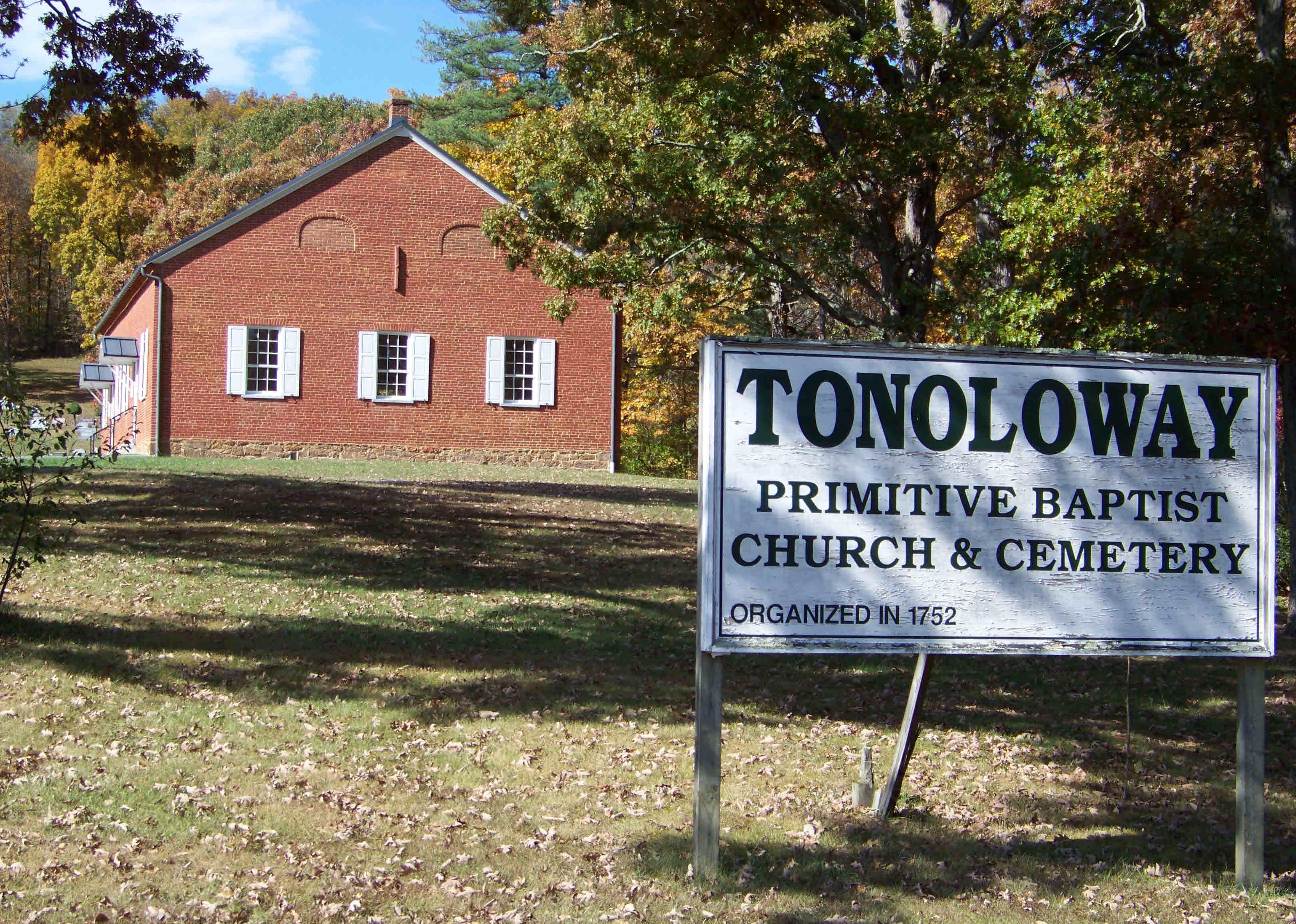 View of the eastern side of Tonoloway Church, which faces what is now Thompson Road and is obscured from roadside by trees. Courtesy of The Record Herald of Waynesboro, Pennsylvania.