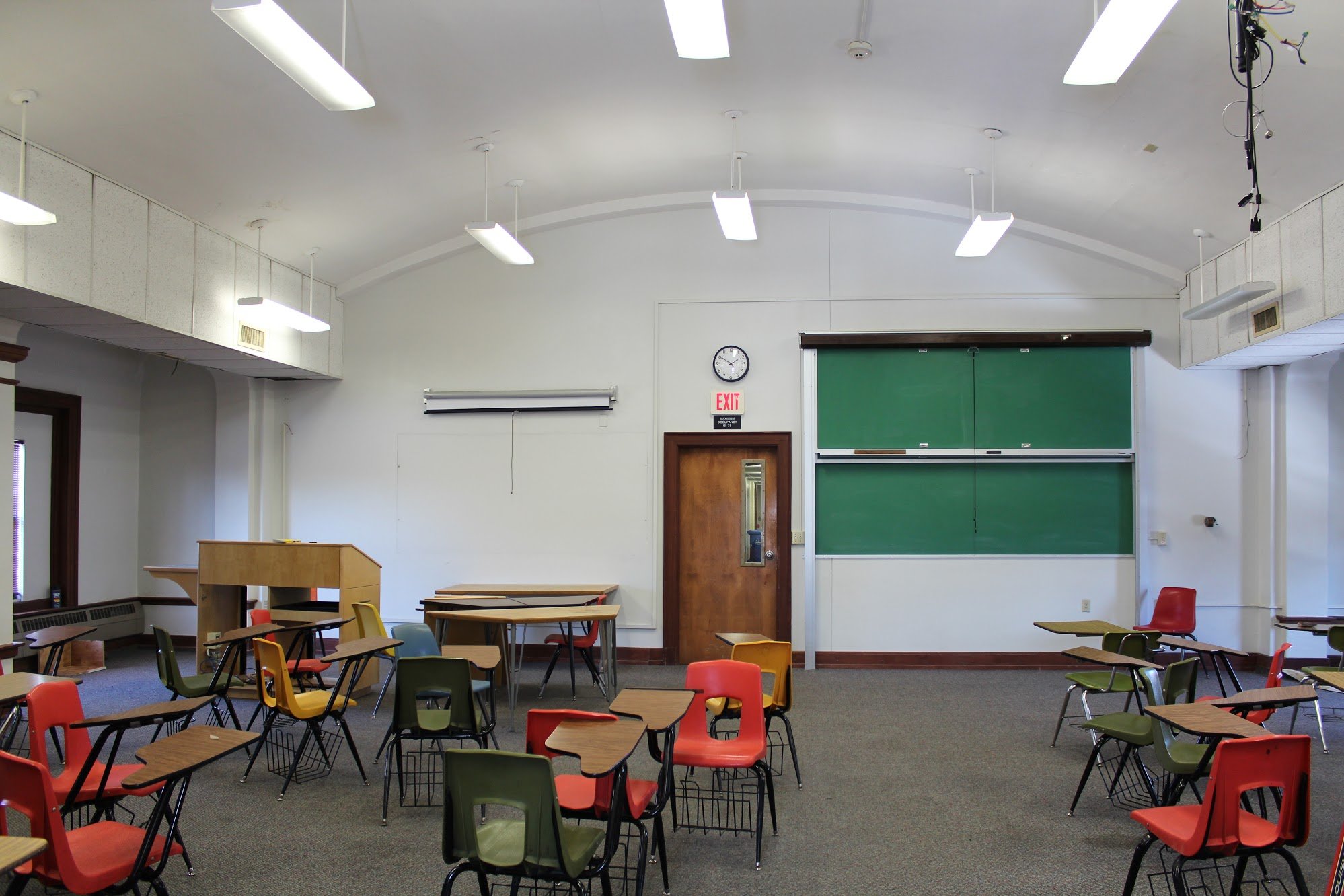 Photograph of the music recital room (2018). Unfortunately, there are no images of the recital room before immense changes reshaped the space for classroom use. Photo courtesy of Dr. William Caraher.