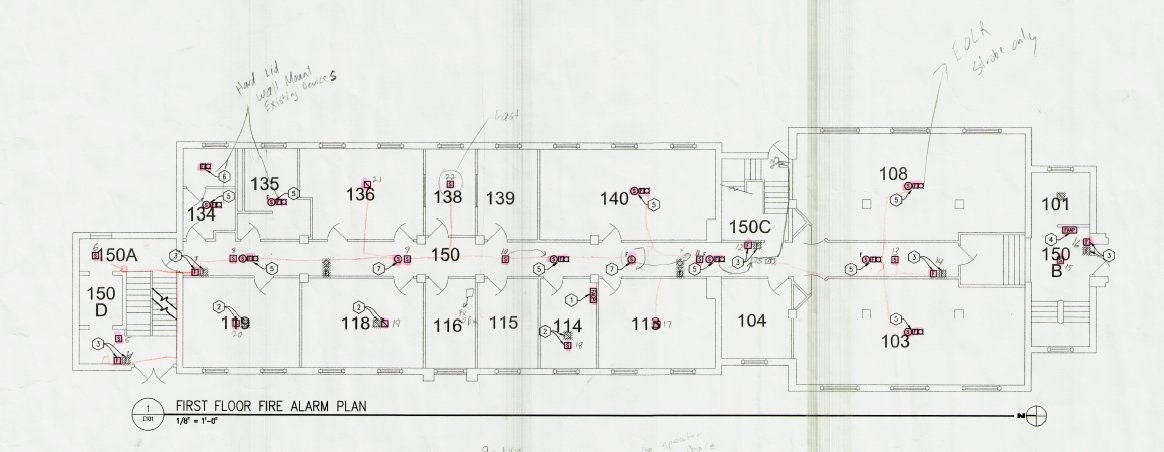 Fire alarm plans of Corwin-Larimore first floor.