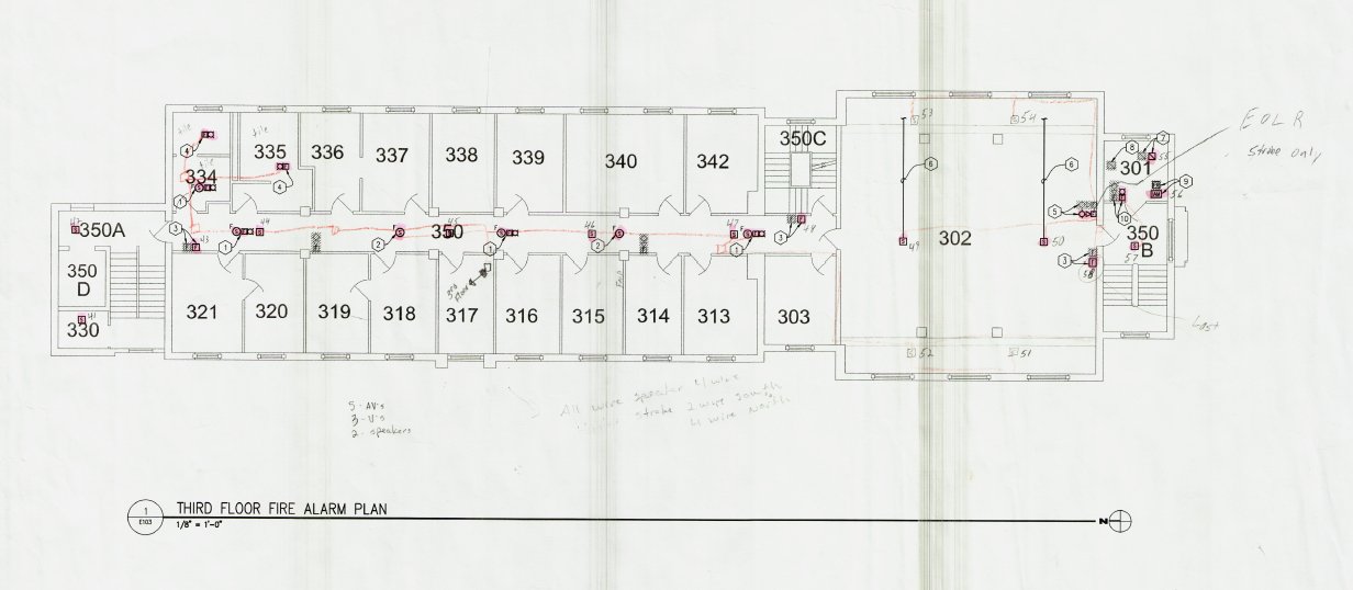 Fire alarm plans of Corwin-Larimore third floor including the large room on the right-hand side where the music hall was located.