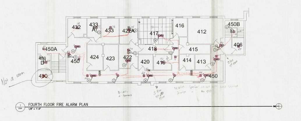 Fire alarm plans of Corwin-Larimore fourth floor which housed the Psychology department's research spaces.
