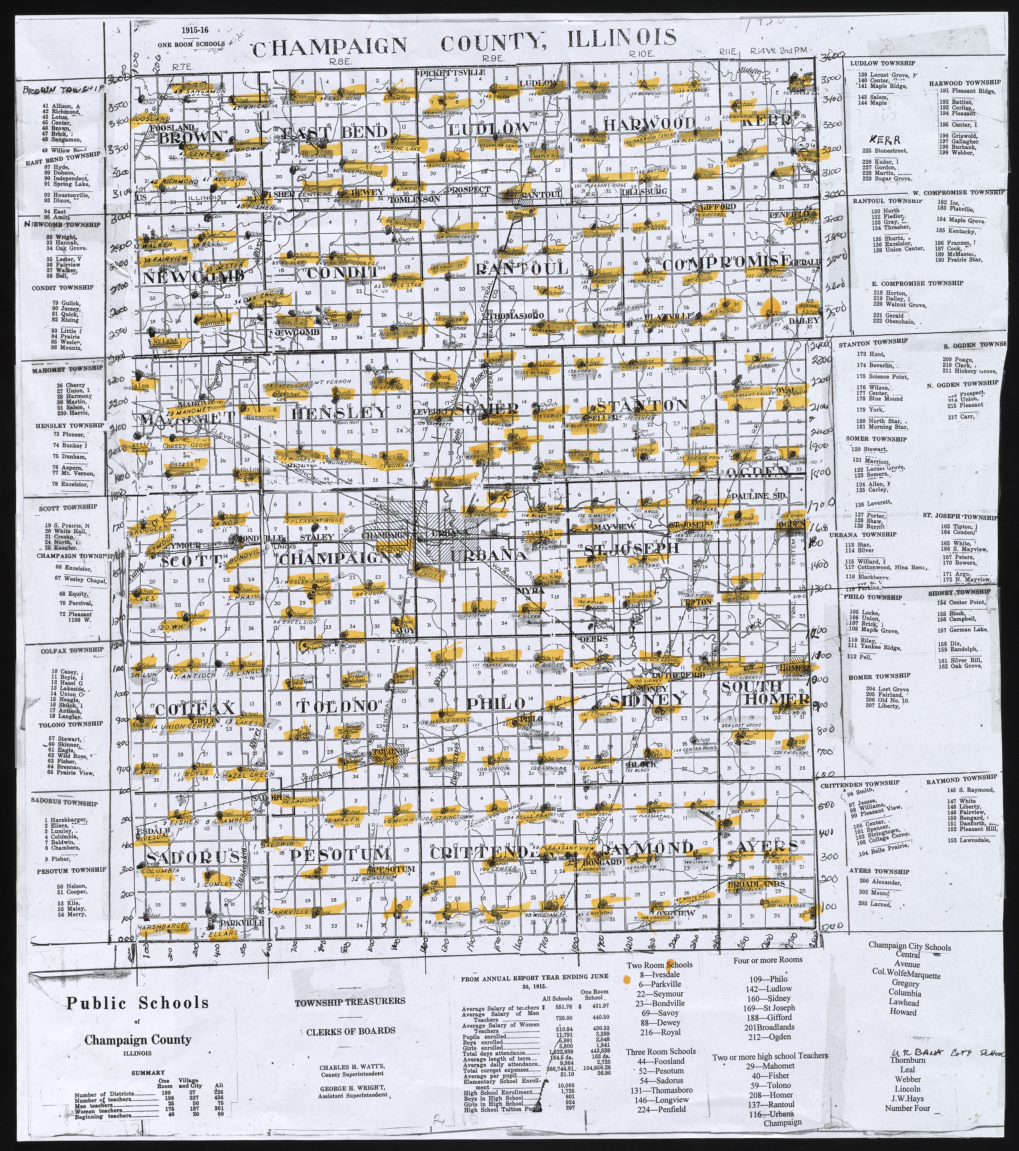 One Room Schools map, Champaign County 1915-1916