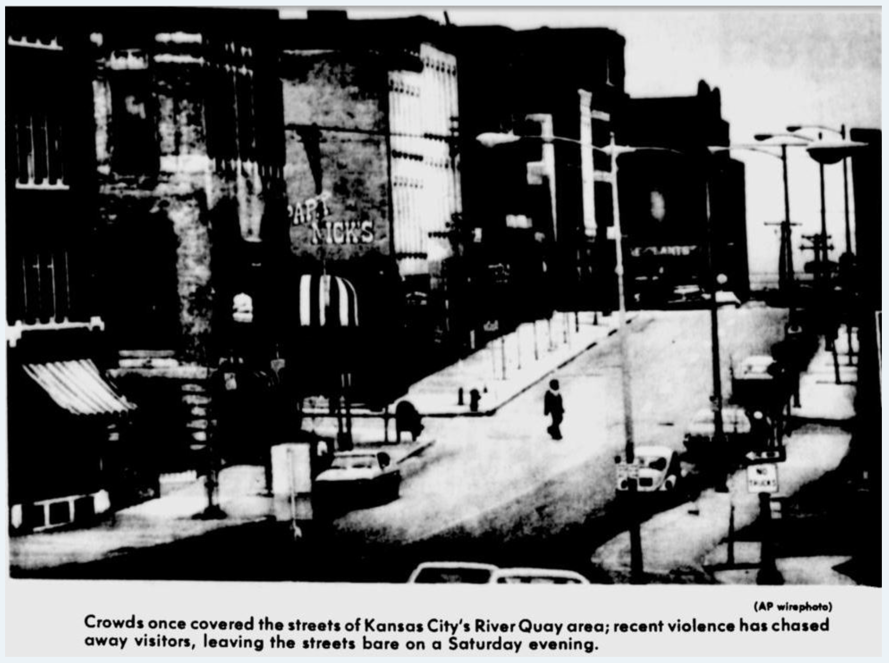 This is another picture of Delaware Street after the explosion in 1977. Here you can see the drastic difference and the consequences the violence had on the popularity of the River Quay.