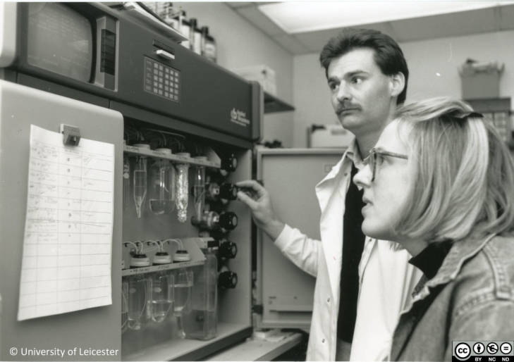 Tony Maxwell with a student in a laboratory, 1980s