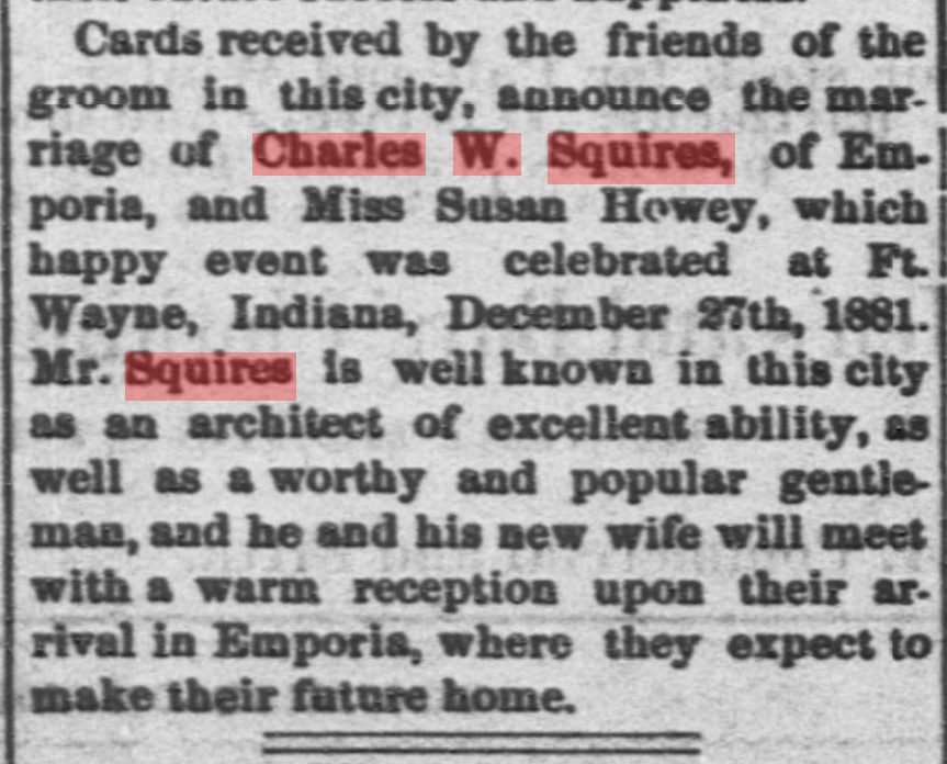 Emporia newspaper article mentioning marriage of Charles W. Squires to Susan Howey in late 1881