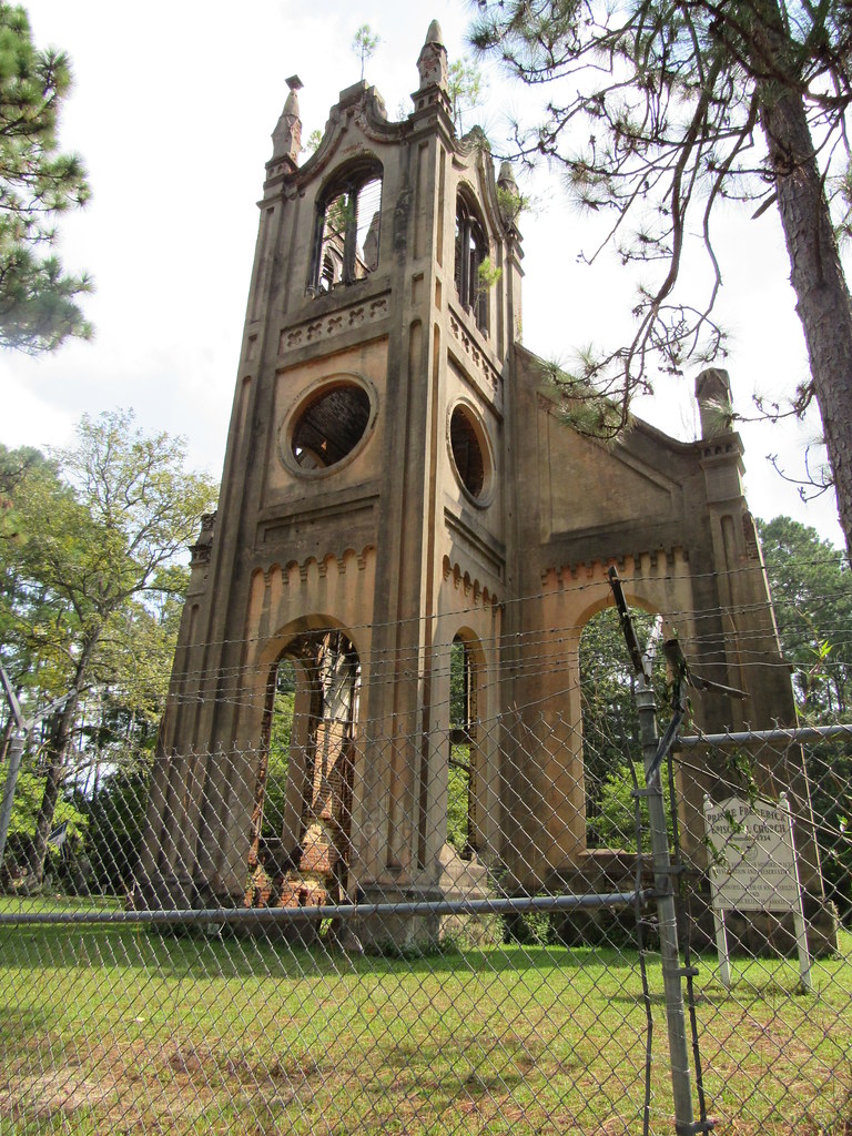 The front facade of Prince Frederick Church, located in Plantersville, South Carolina. The front facade is the only standing section of the church today and represents the Gothic designs of Samuel Sloan.