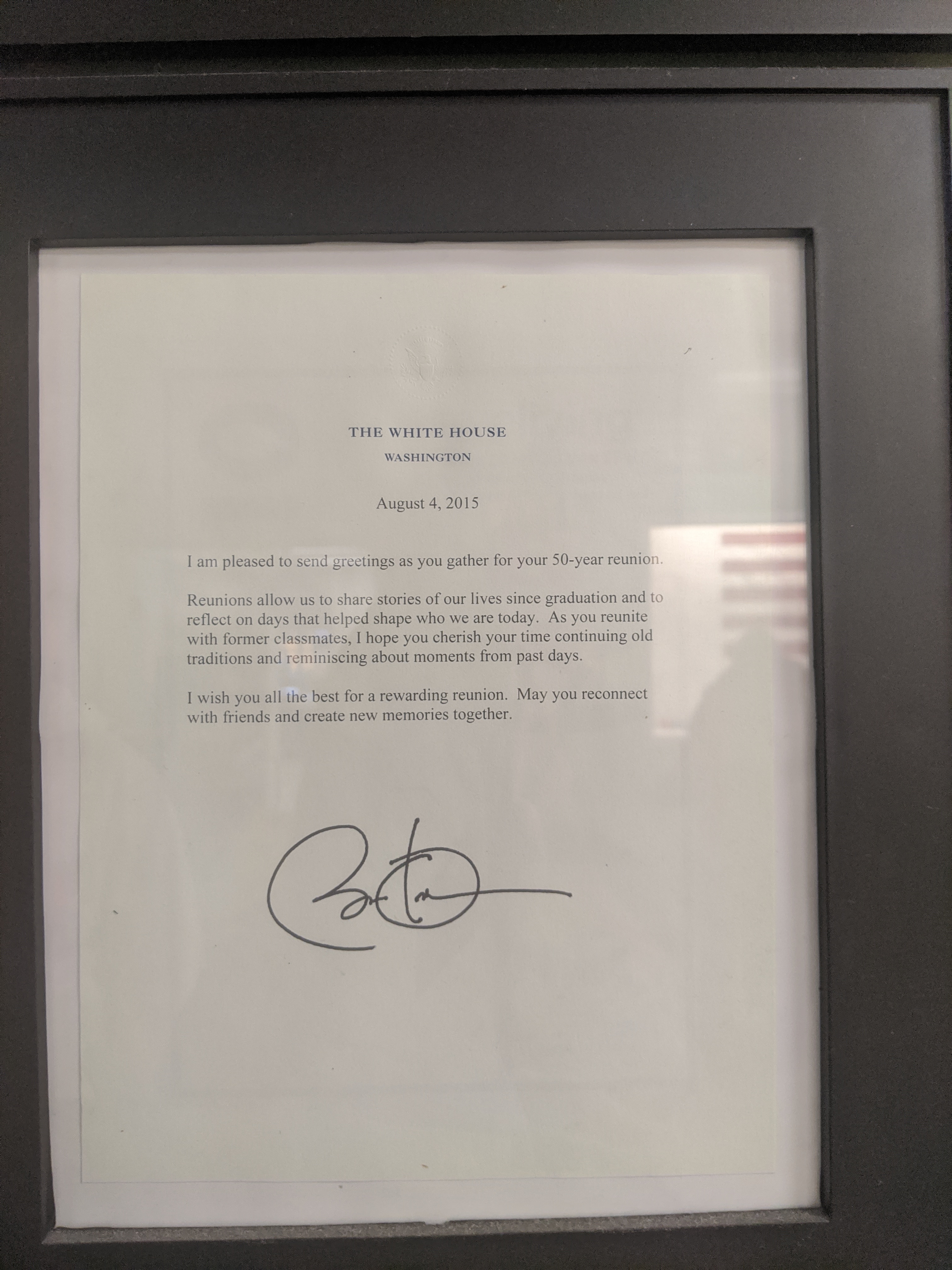 Letter signed by President Obama to acknowledge the 50th Anniversary of the first graduating class of Oakington Elementary.