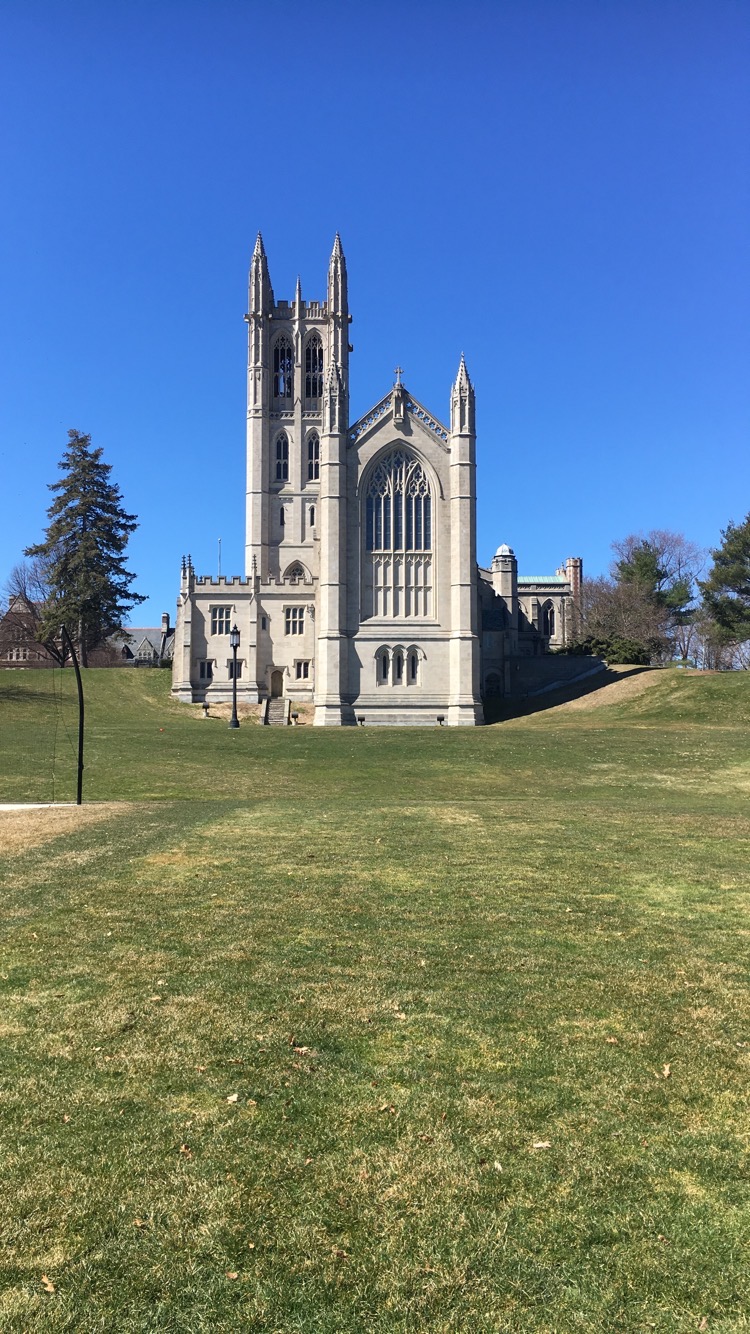 The view of the chapel from the back side, standing near the Trinity College Football Field 
