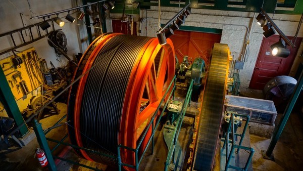 A view from one of the mechanical rooms in the incline. It shows the cable and pulley system that is used to move both cars up and down the track.