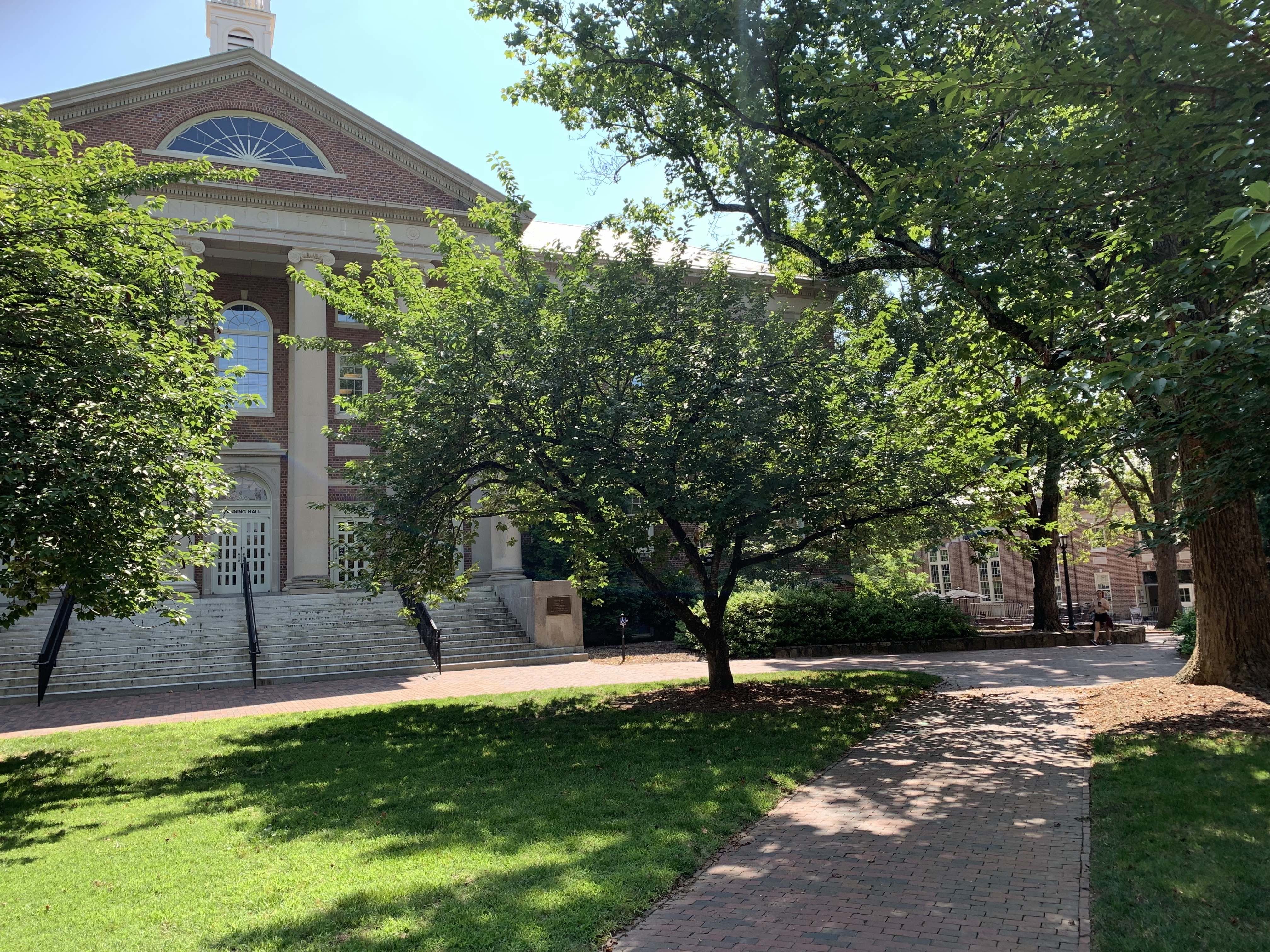 Cafeteria workers at Lenoir Hall, which can be seen here to the right of Manning Hall, went on strike with the aid of the Black Student Movement at UNC. Its proximity to Lenoir made Manning Hall a convenient location for meetings, meals for students on st
