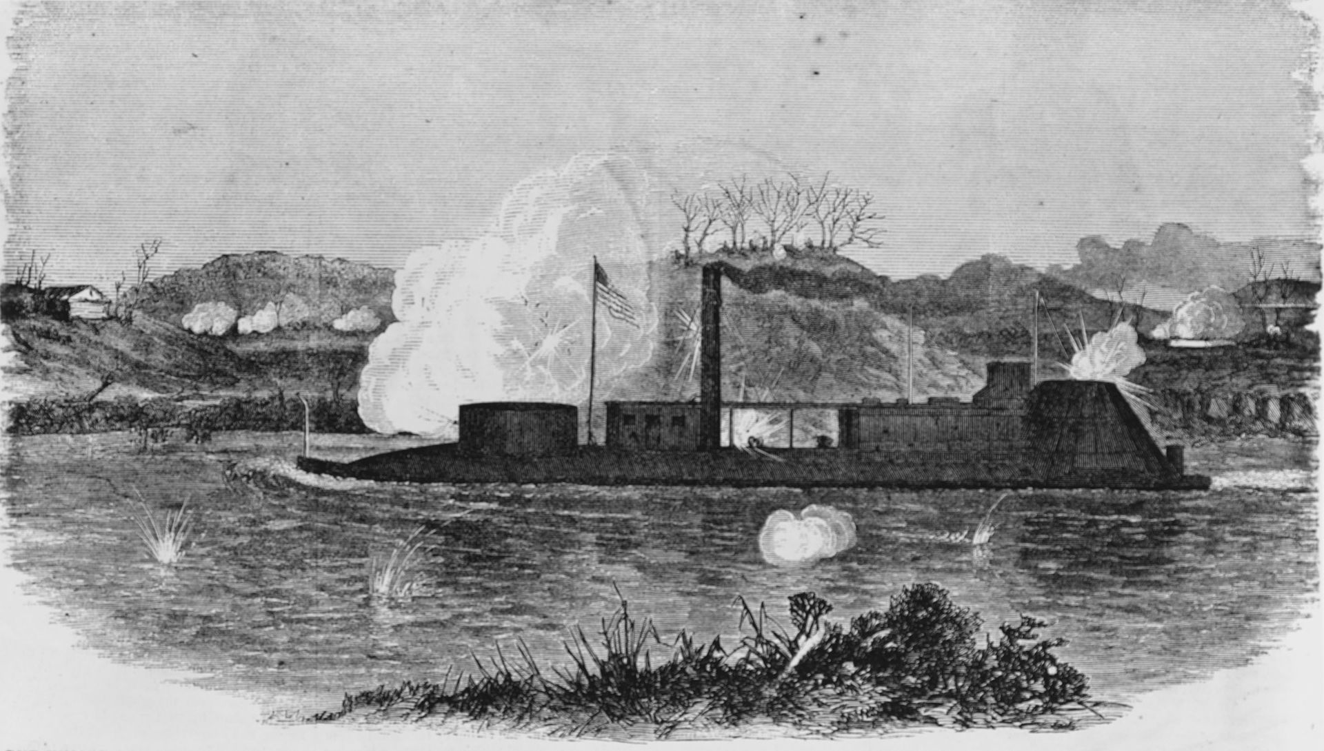 USS Neosho engaging Confederate Cannons on the North Bank of the Cumberland River, two of her sailors would receive Medals of Honor