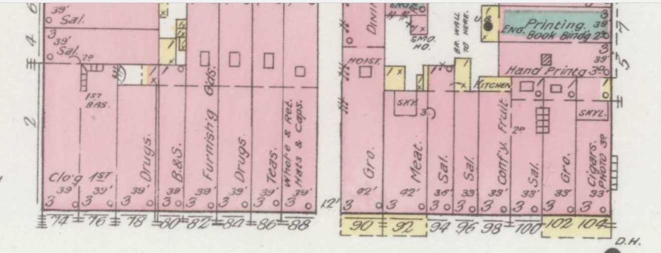 Part of 400 block N. Main St. in 1892; #98 & #100 are Brown-Feuer building (Sanborn Map Company p.5)