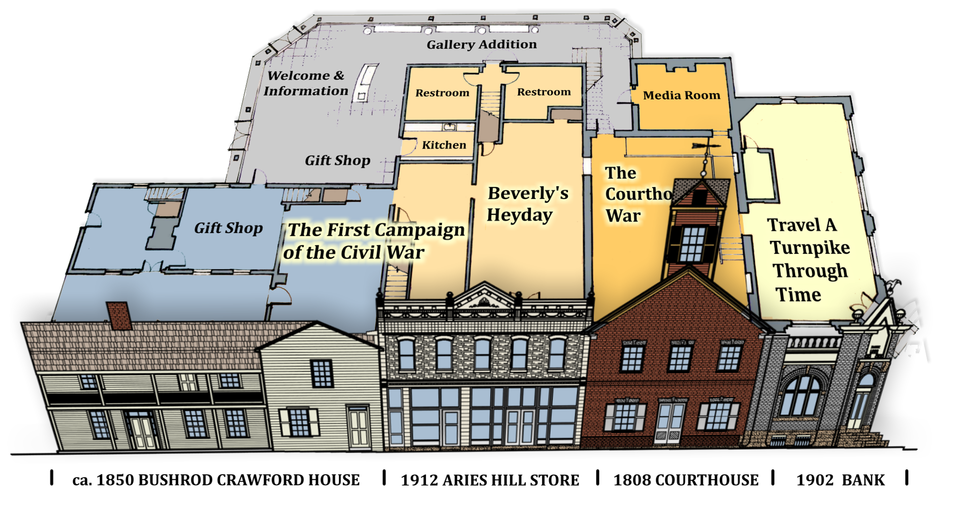 Interior map of the Beverly Heritage Center, which combined the Hill building with three other structures on Court Street. Courtesy of the Beverly Heritage Center.